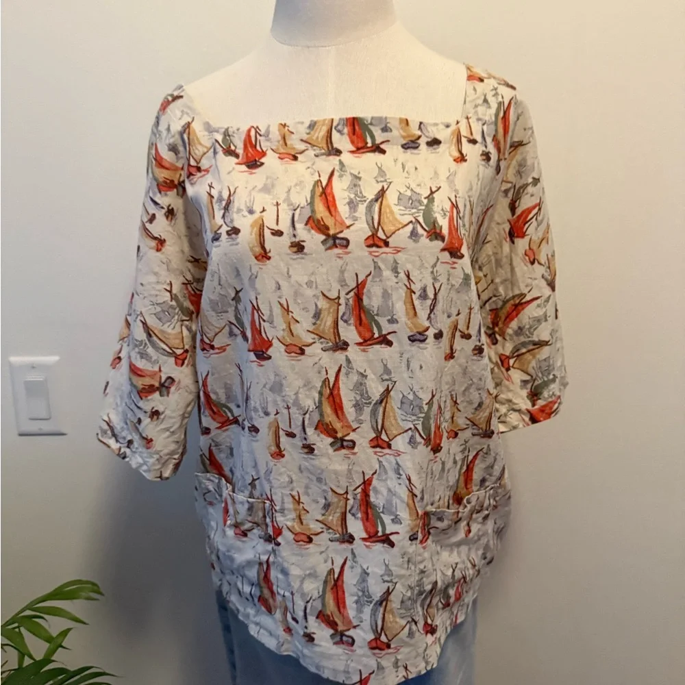 Vintage Laura Ashley Nautical Sailboat Print Blouse size 12 - Picture 6 of 7